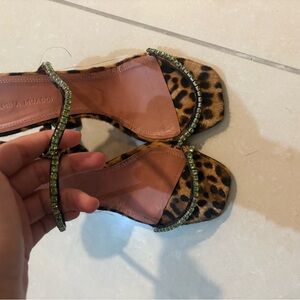 Amina Muaddi Leopard Print Women's Sandals with Green Accents